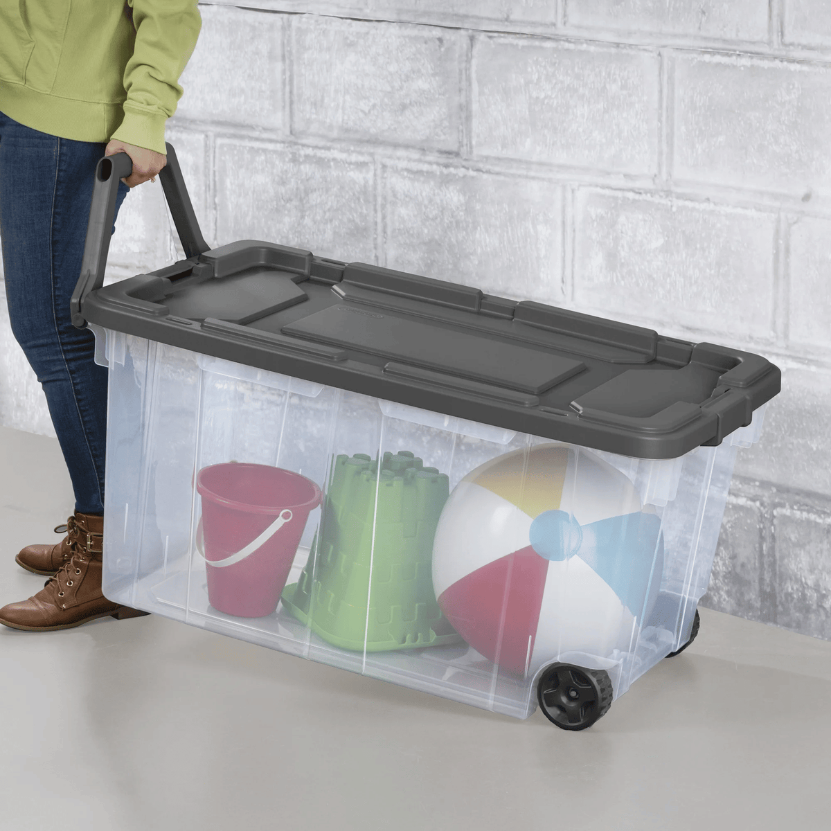 Wheeled Stackable Storage Bins with Latch Lids and Pull Handles, 4 Pack