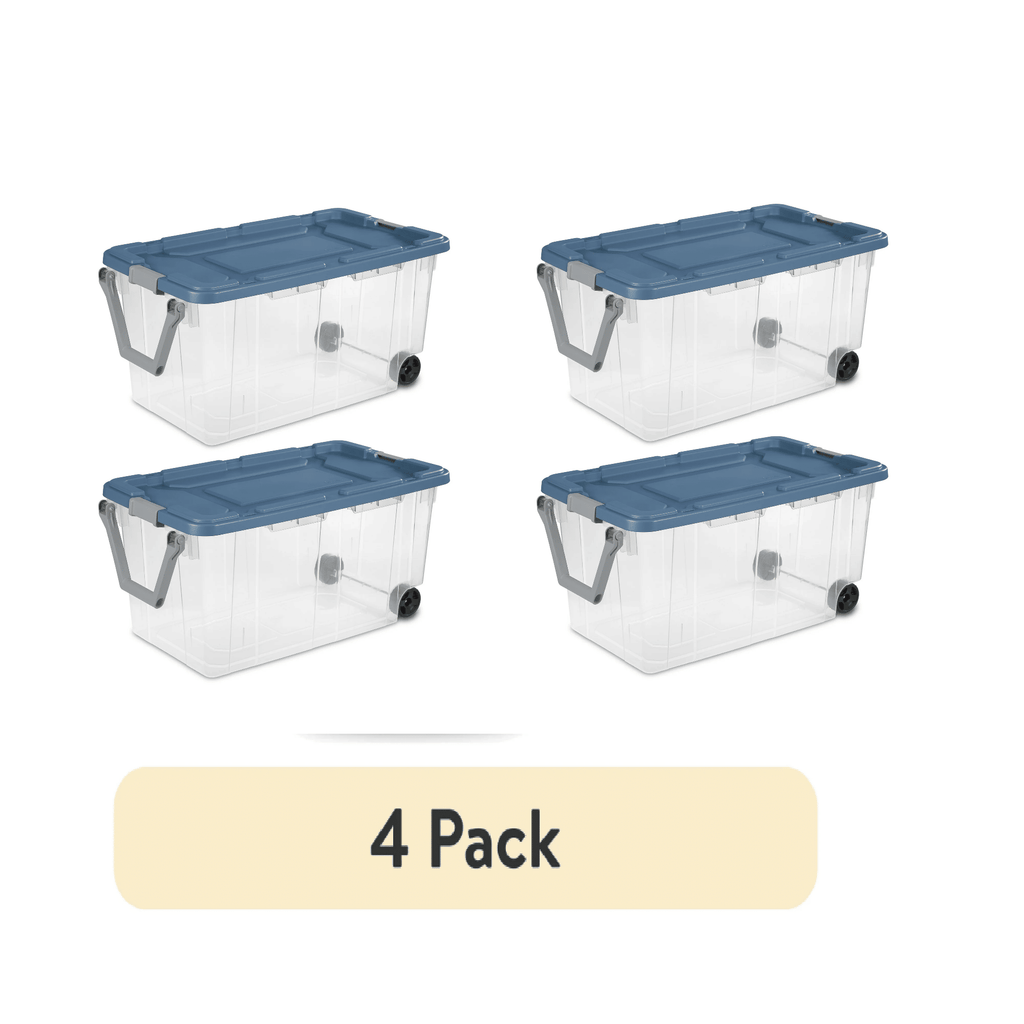 Wheeled Stackable Storage Bins with Latch Lids and Pull Handles, 4 Pack