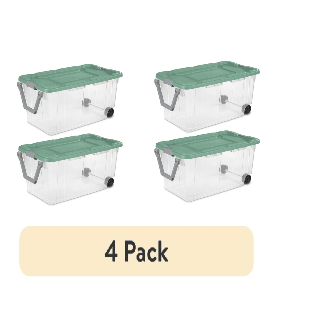 Wheeled Stackable Storage Bins with Latch Lids and Pull Handles, 4 Pack