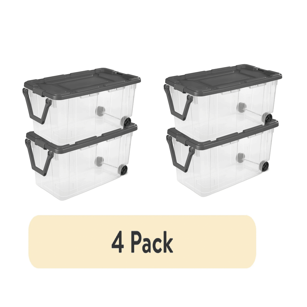 Wheeled Stackable Storage Bins with Latch Lids and Pull Handles, 4 Pack