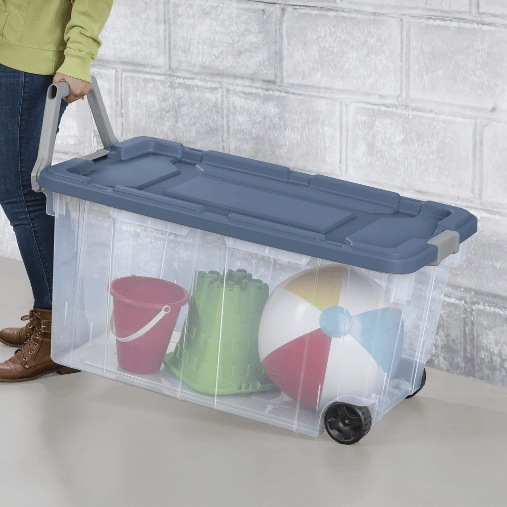 Wheeled Stackable Storage Bins with Latch Lids and Pull Handles, 4 Pack