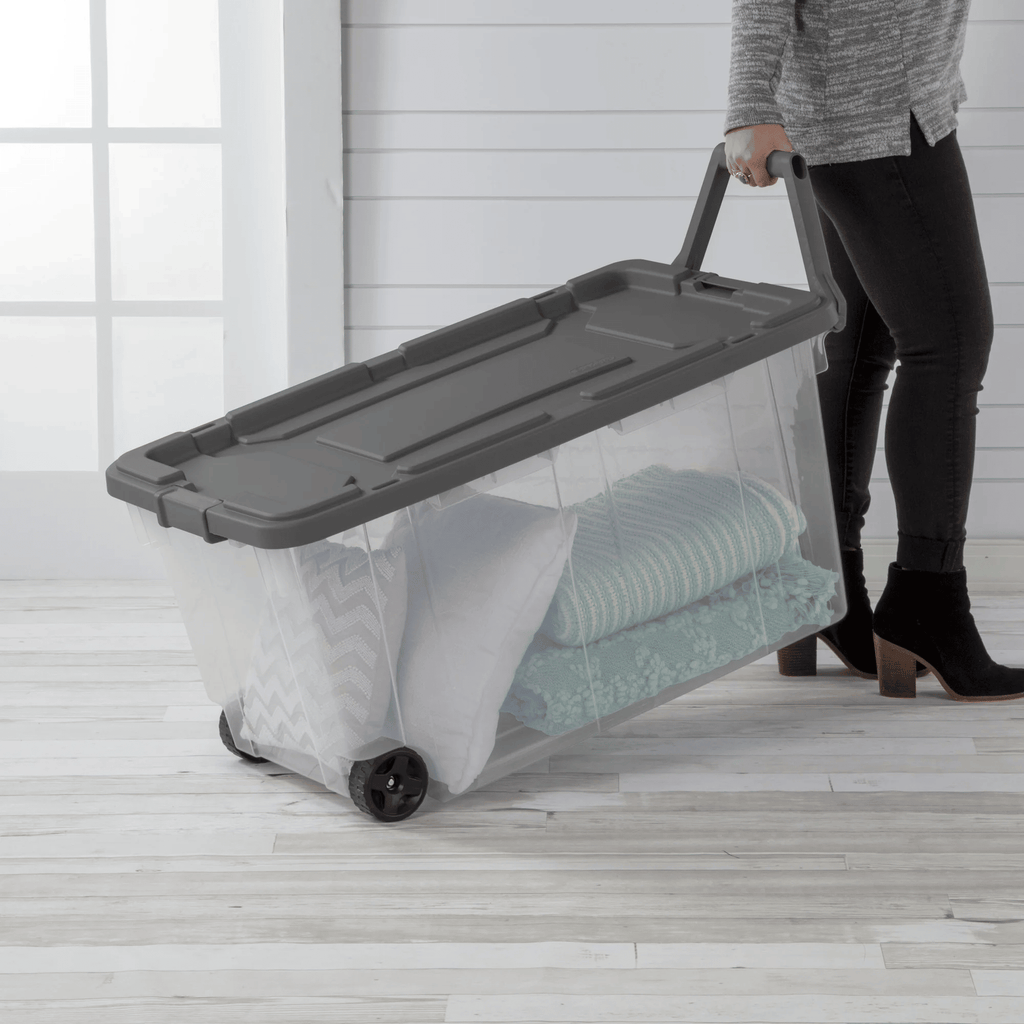 Wheeled Stackable Storage Bins with Latch Lids and Pull Handles, 4 Pack