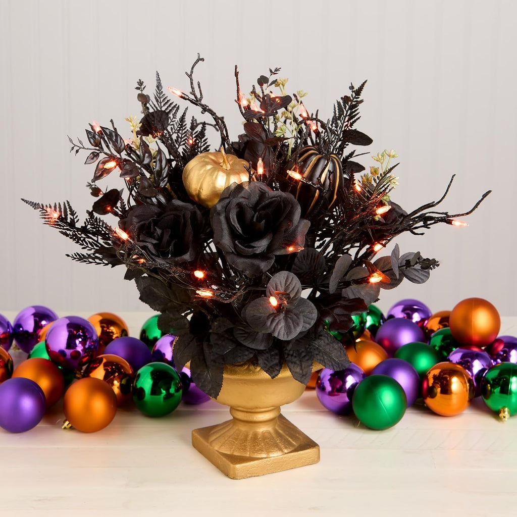16- Artificial Halloween Centerpiece with 35 Orange LED Lights – Black and Gold Chic Design