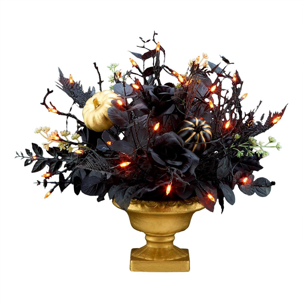 16- Artificial Halloween Centerpiece with 35 Orange LED Lights – Black and Gold Chic Design