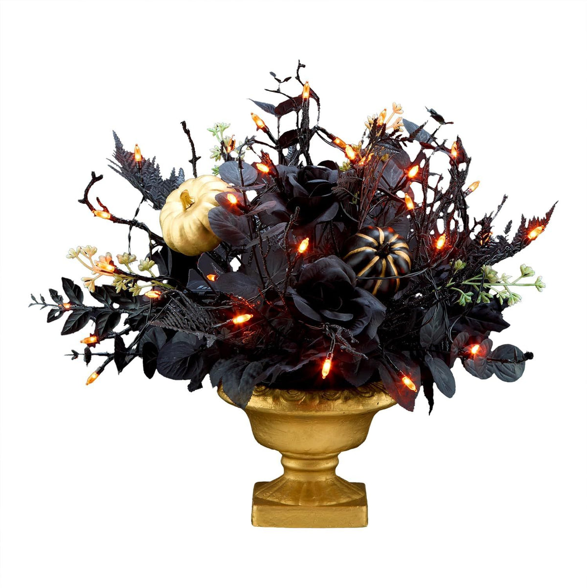 16- Artificial Halloween Centerpiece with 35 Orange LED Lights – Black and Gold Chic Design