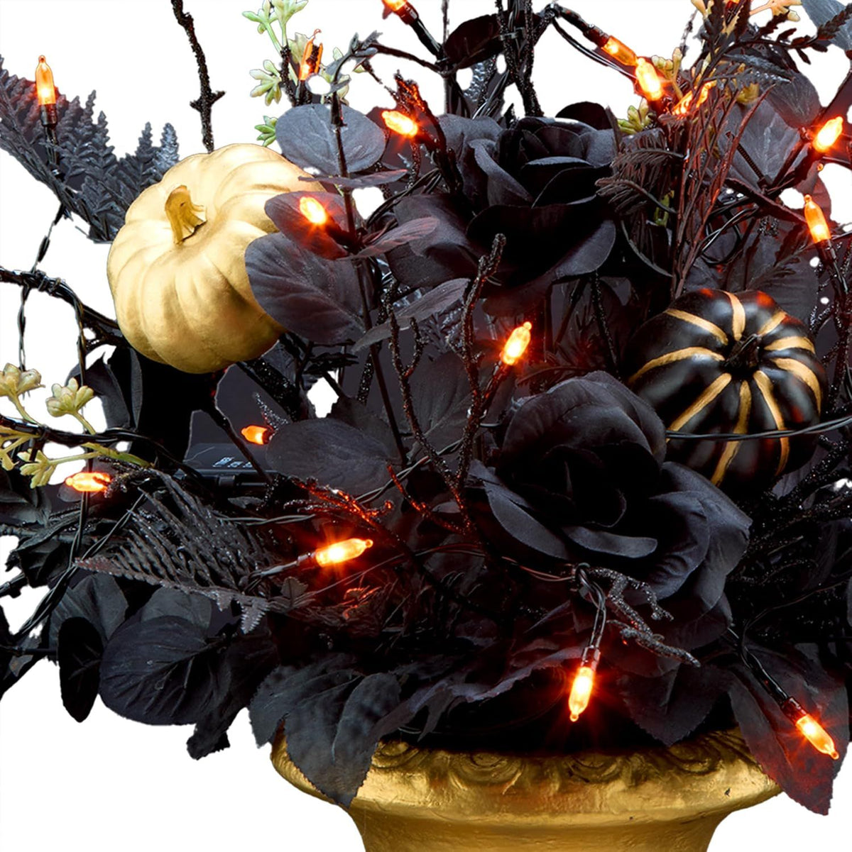 16- Artificial Halloween Centerpiece with 35 Orange LED Lights – Black and Gold Chic Design