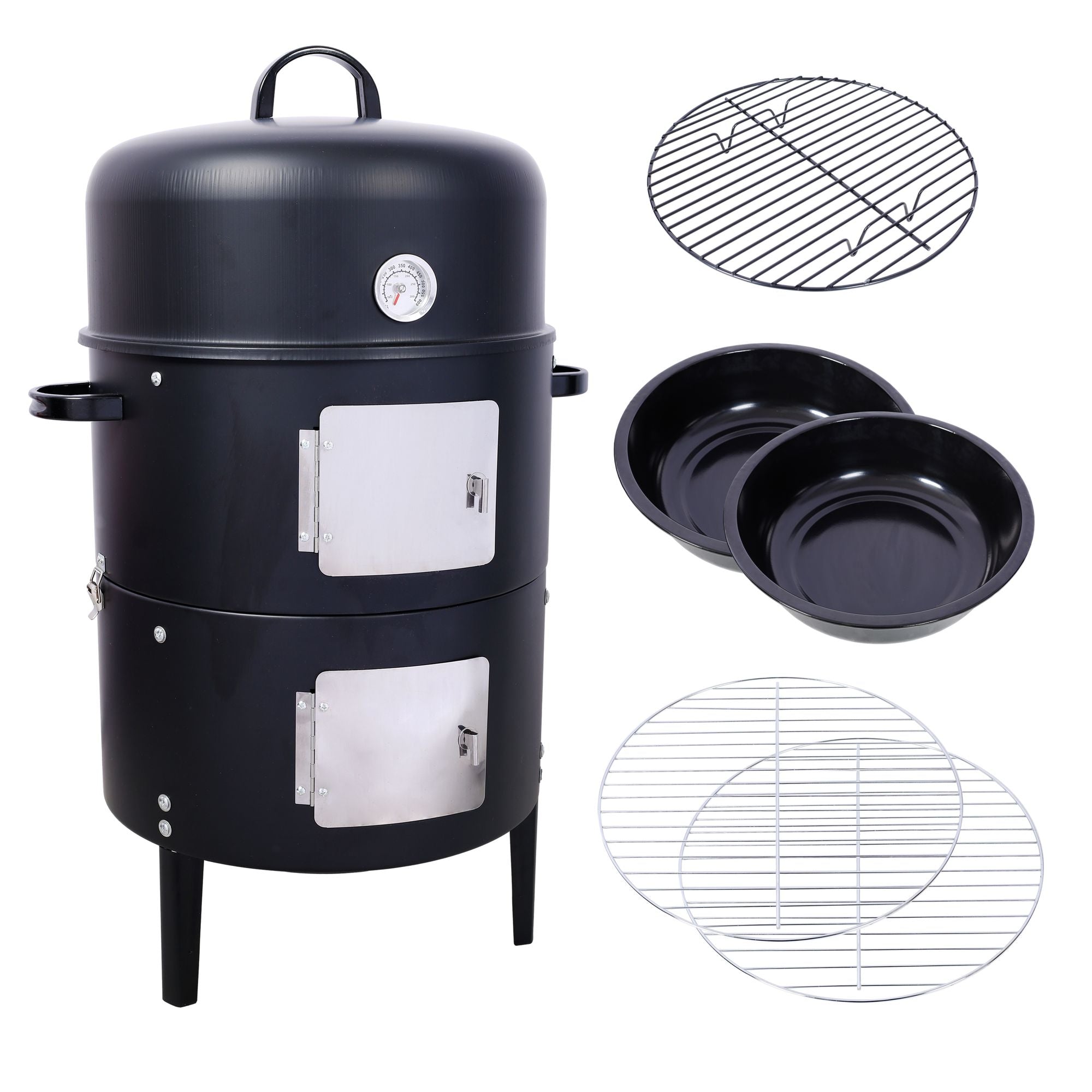 Round Charcoal Smoker and Grill with Dual Access Doors