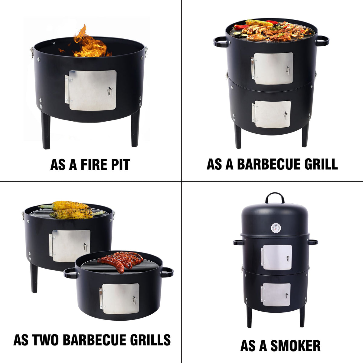 Round Charcoal Smoker and Grill with Dual Access Doors