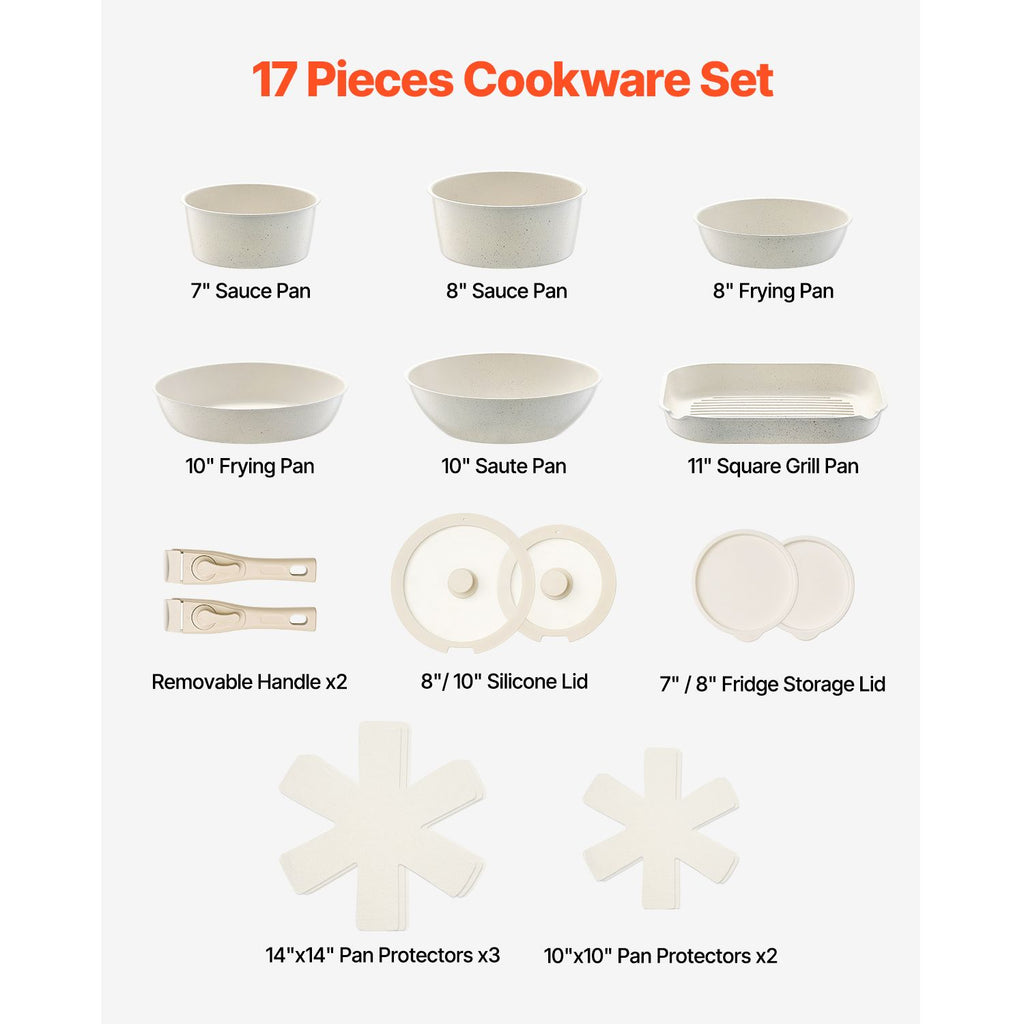 17-Piece Nonstick Cookware Set with Detachable Handles – Space-Saving Induction Compatible