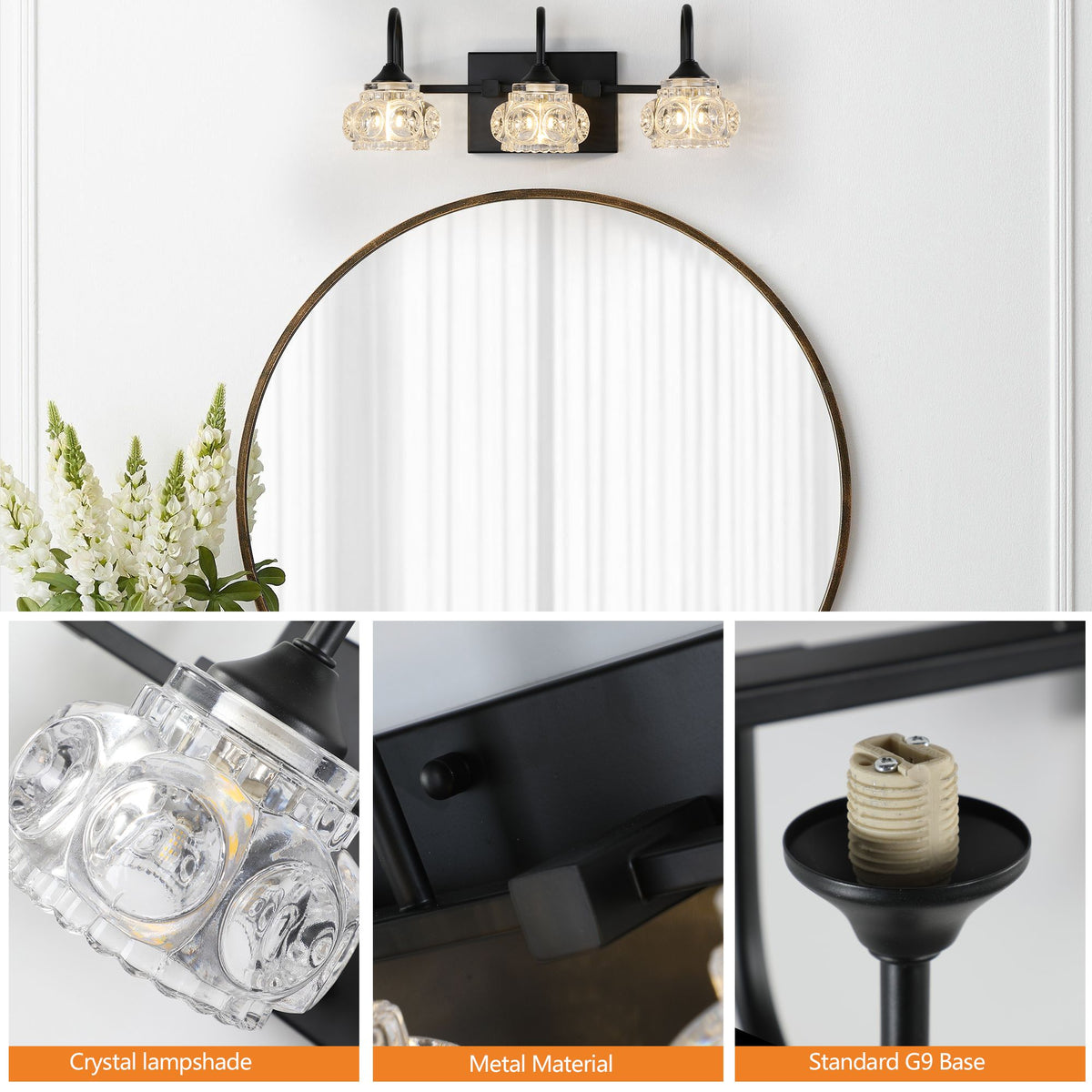 Retro Black Vanity Light with Crystal Glass Shades