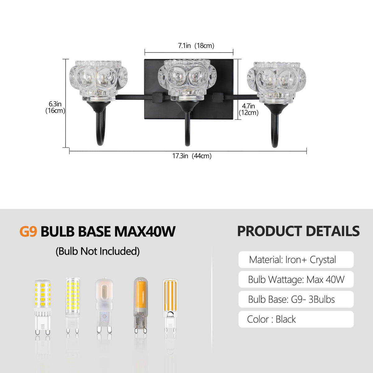 Retro Black Vanity Light with Crystal Glass Shades