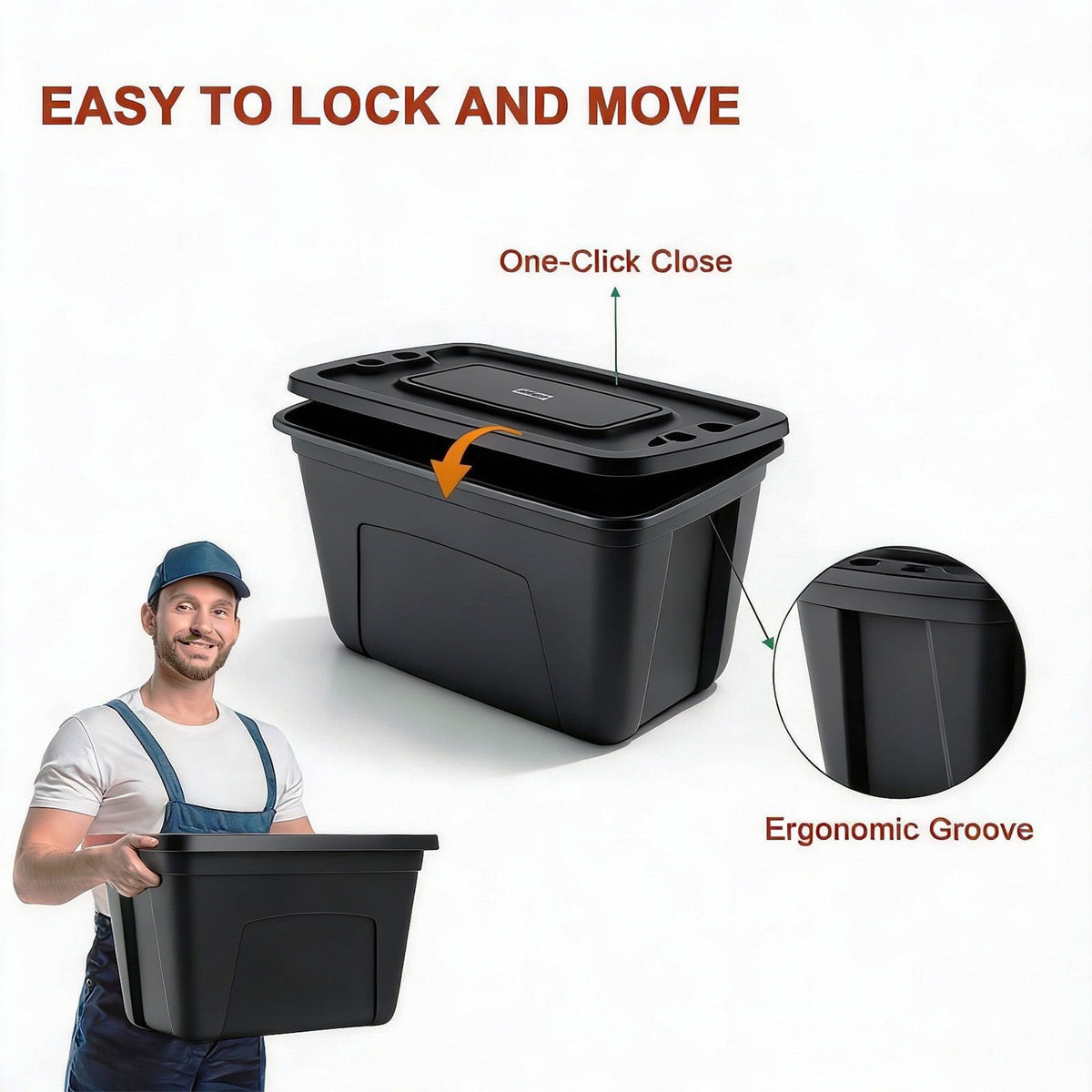 Stacking Black Storage Totes with Snap-On Lids