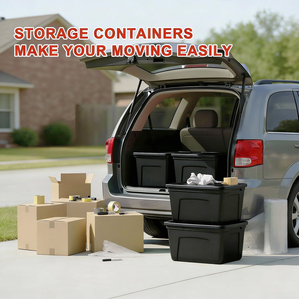 Stacking Black Storage Totes with Snap-On Lids