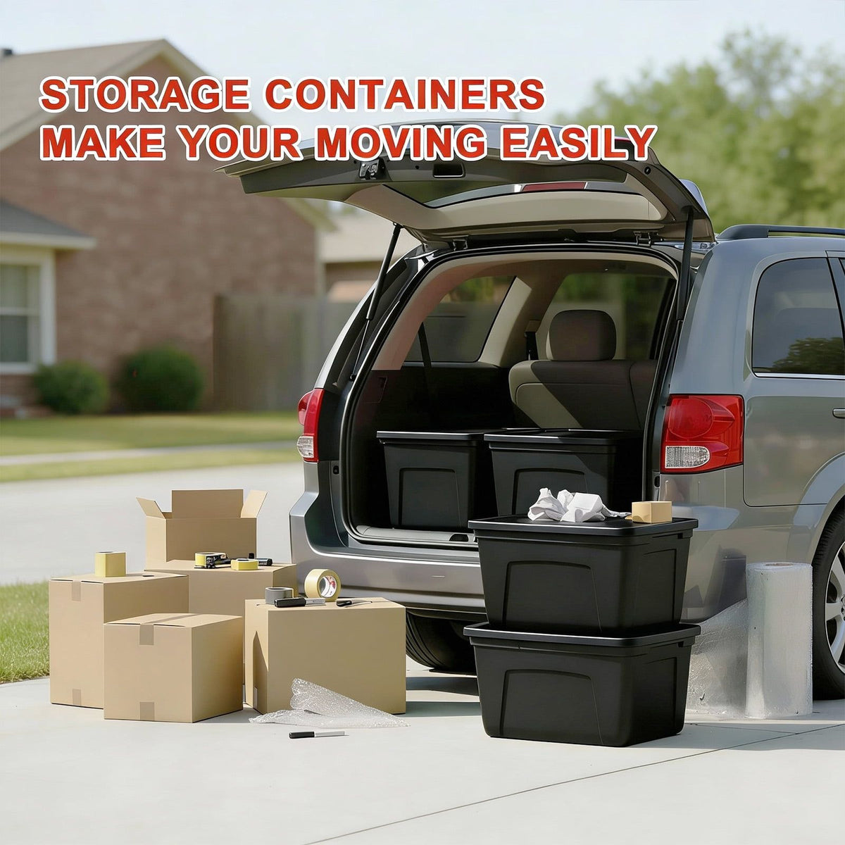 Stacking Black Storage Totes with Snap-On Lids