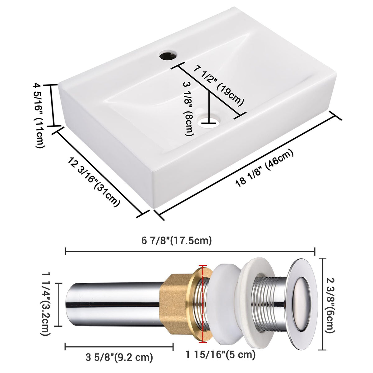 Compact Rectangle Bathroom Sink with Pop-Up Drain