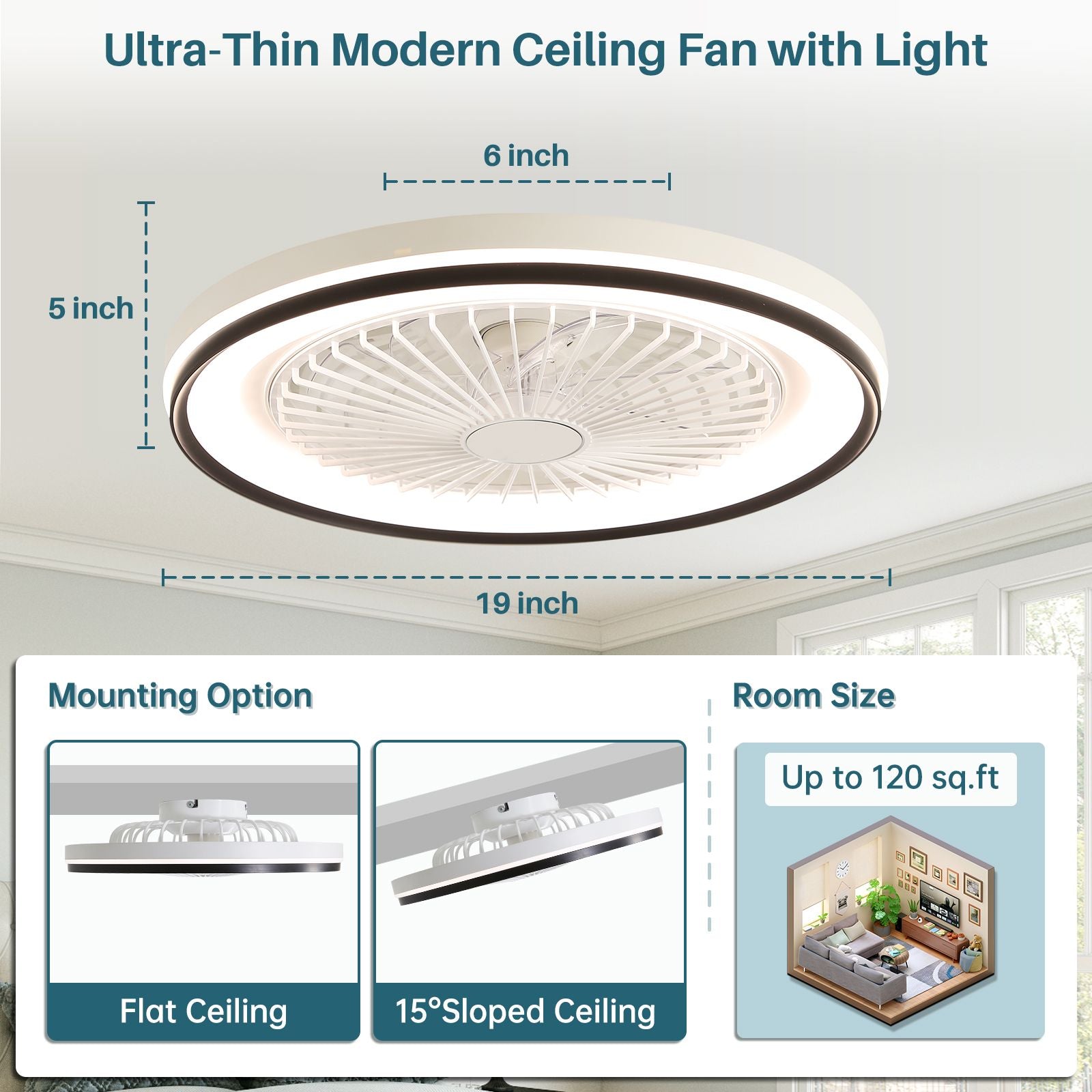 19 RGB Dimmable LED Ceiling Fan with Light, Bladeless, Remote Control