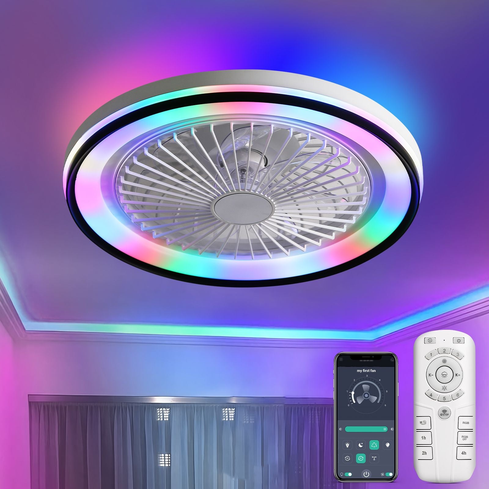19 RGB Dimmable LED Ceiling Fan with Light, Bladeless, Remote Control