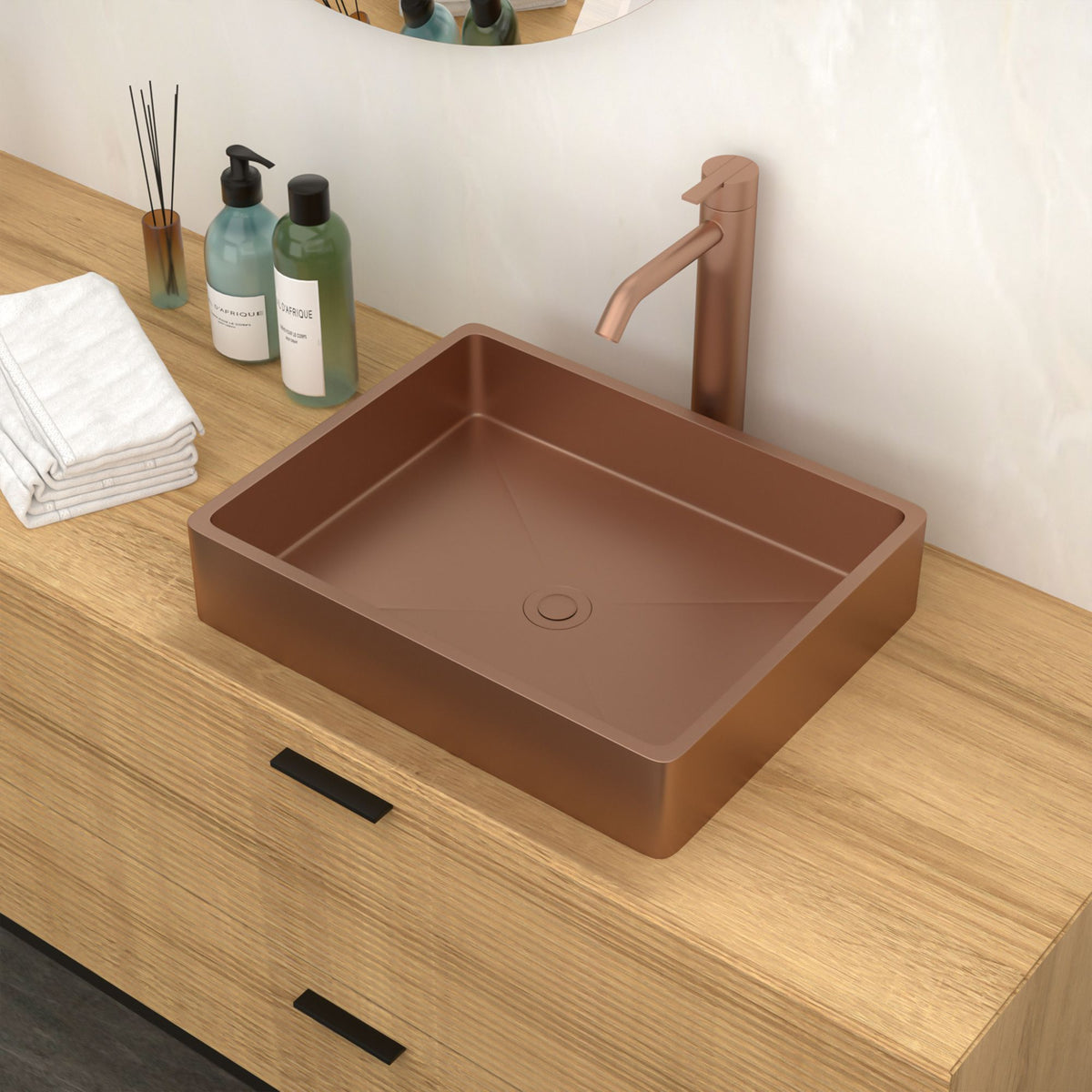 Rose Gold Rectangular Vessel Sink with Pop-Up Drain