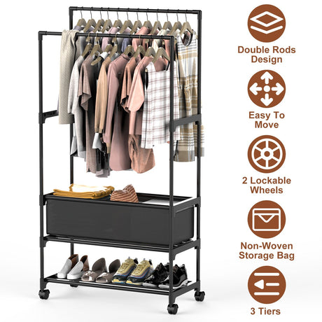 3-Tier Clothes Rack with Double Rods and Storage Bag