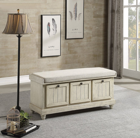 1pc everyday Storage Bench White Finish Foam Cushioned Seat Beige Upholstery Flip-Top Seat