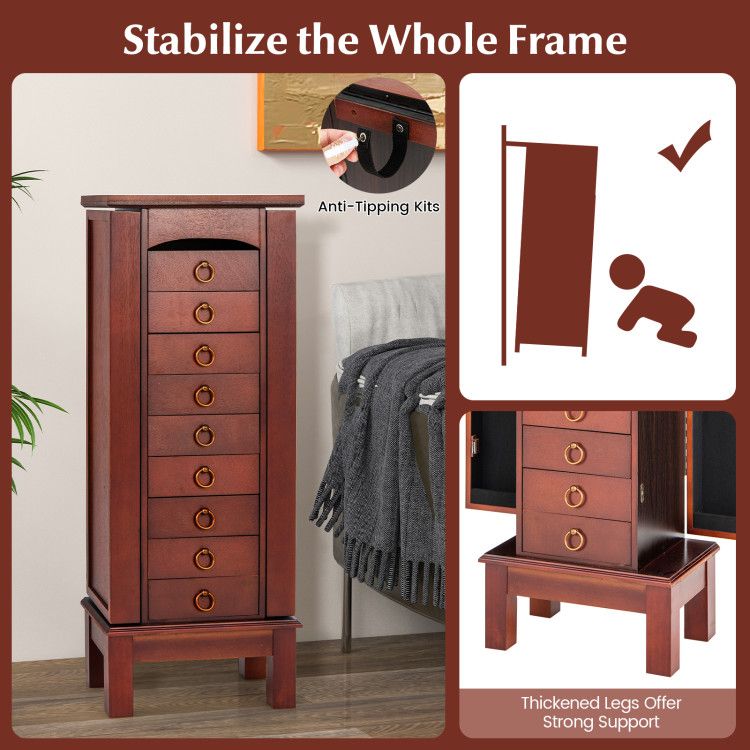 Large Capacity Jewelry Storage Cabinet with Flip-Top Mirror and 9 Drawers