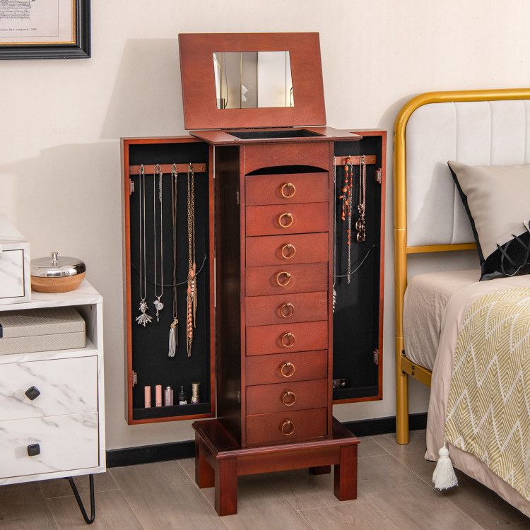 Large Capacity Jewelry Storage Cabinet with Flip-Top Mirror and 9 Drawers