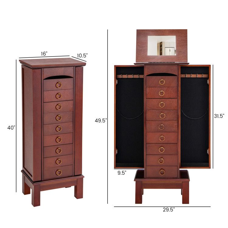Large Capacity Jewelry Storage Cabinet with Flip-Top Mirror and 9 Drawers
