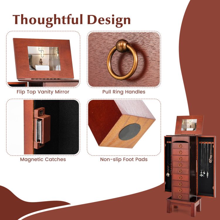 Large Capacity Jewelry Storage Cabinet with Flip-Top Mirror and 9 Drawers