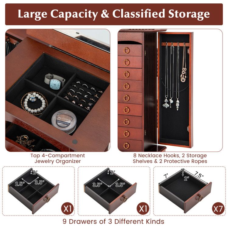 Large Capacity Jewelry Storage Cabinet with Flip-Top Mirror and 9 Drawers