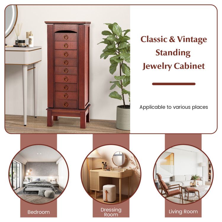 Large Capacity Jewelry Storage Cabinet with Flip-Top Mirror and 9 Drawers