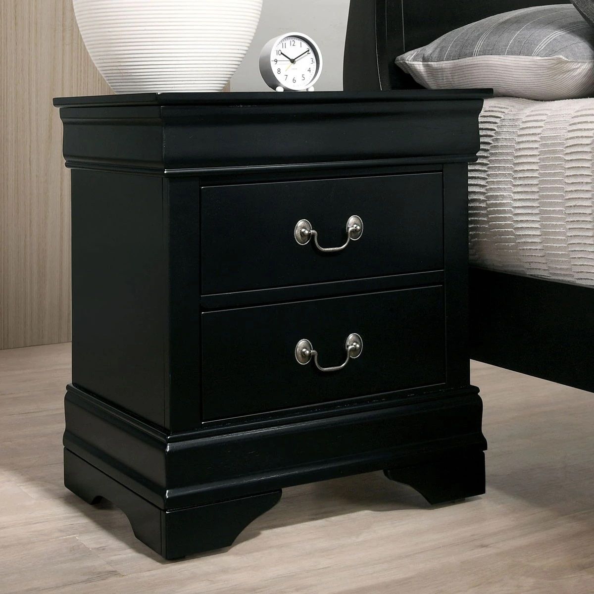 Louis Philippe Black Nightstand with Antique Brass Pulls