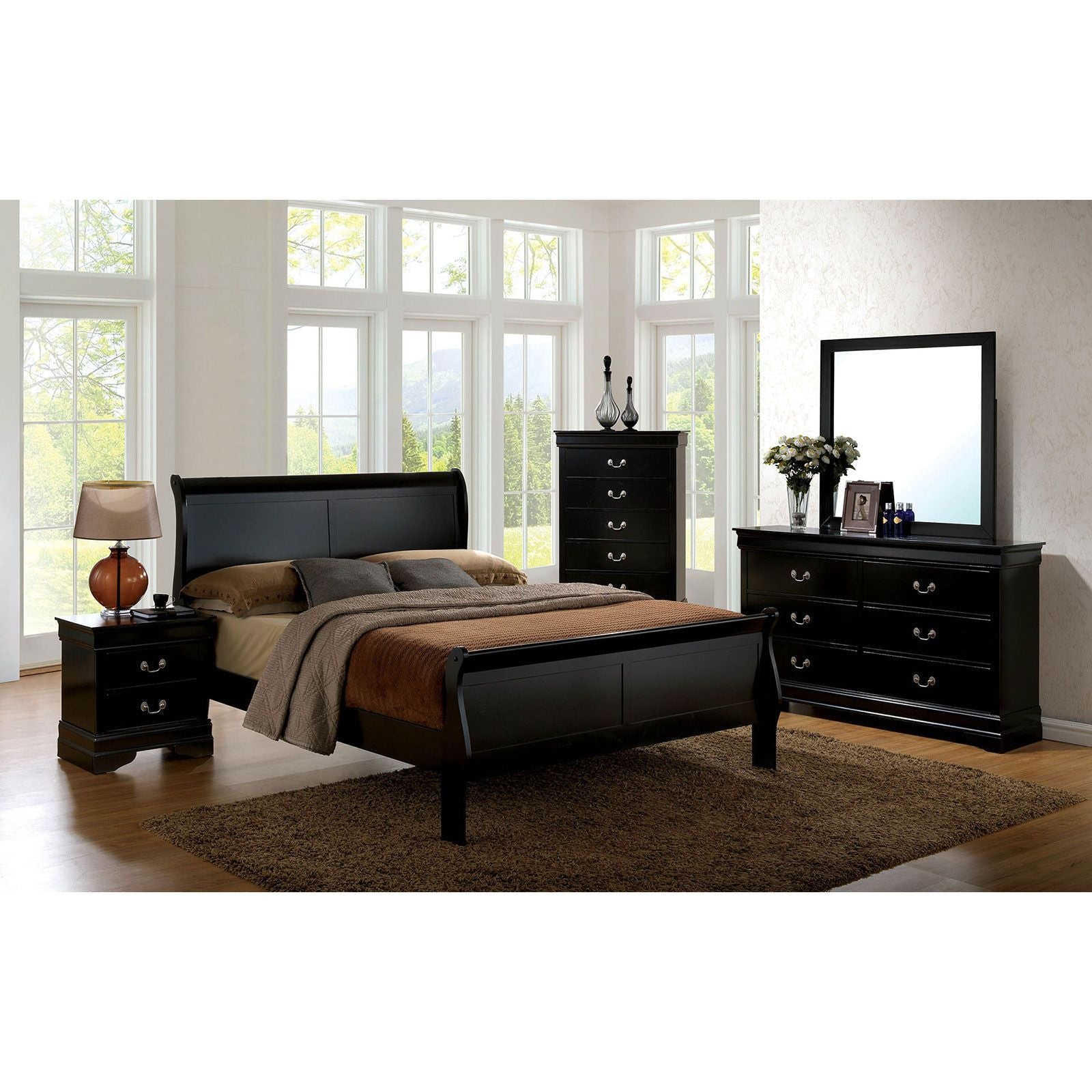 Louis Philippe Black Nightstand with Antique Brass Pulls