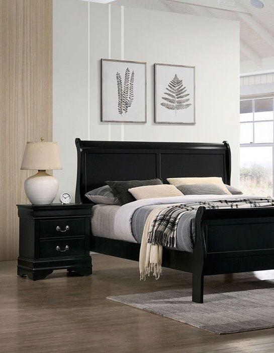 Louis Philippe Black Nightstand with Antique Brass Pulls