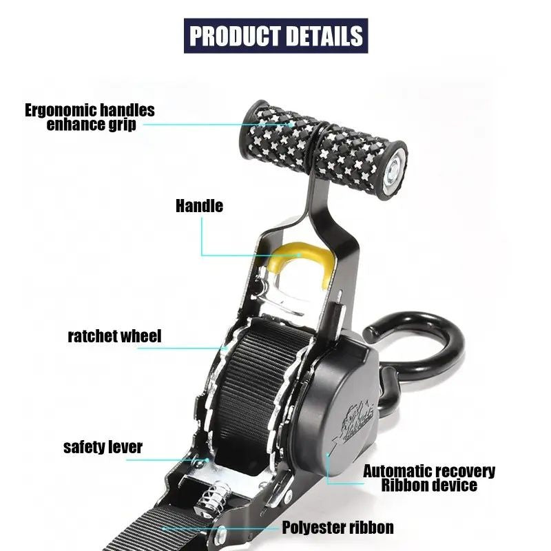 Self-Retracting Ratchet Strap for Cargo Tie-Downs
