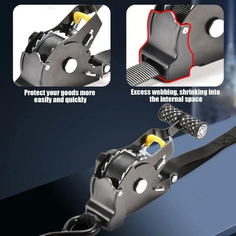 Self-Retracting Ratchet Strap for Cargo Tie-Downs