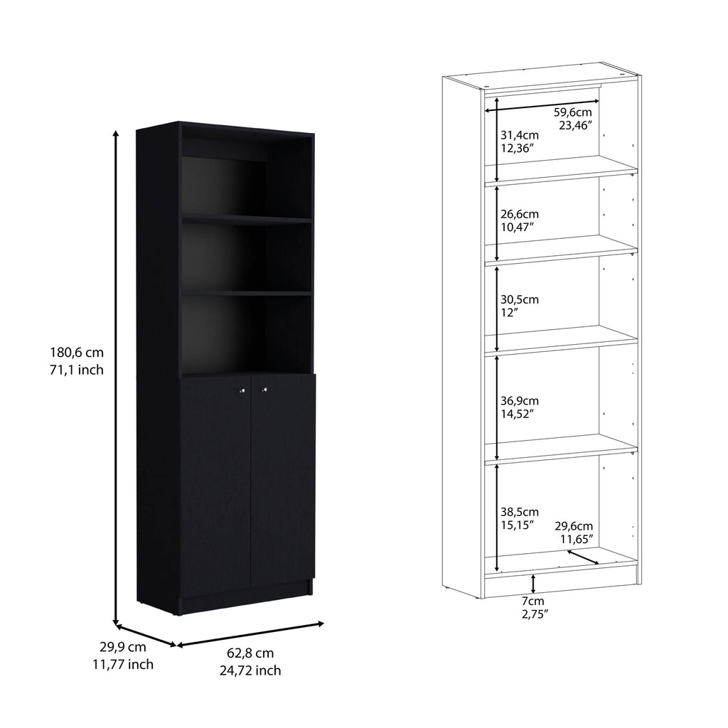 2-Door Bookcase with Open Upper Shelves & Concealed Lower Storage