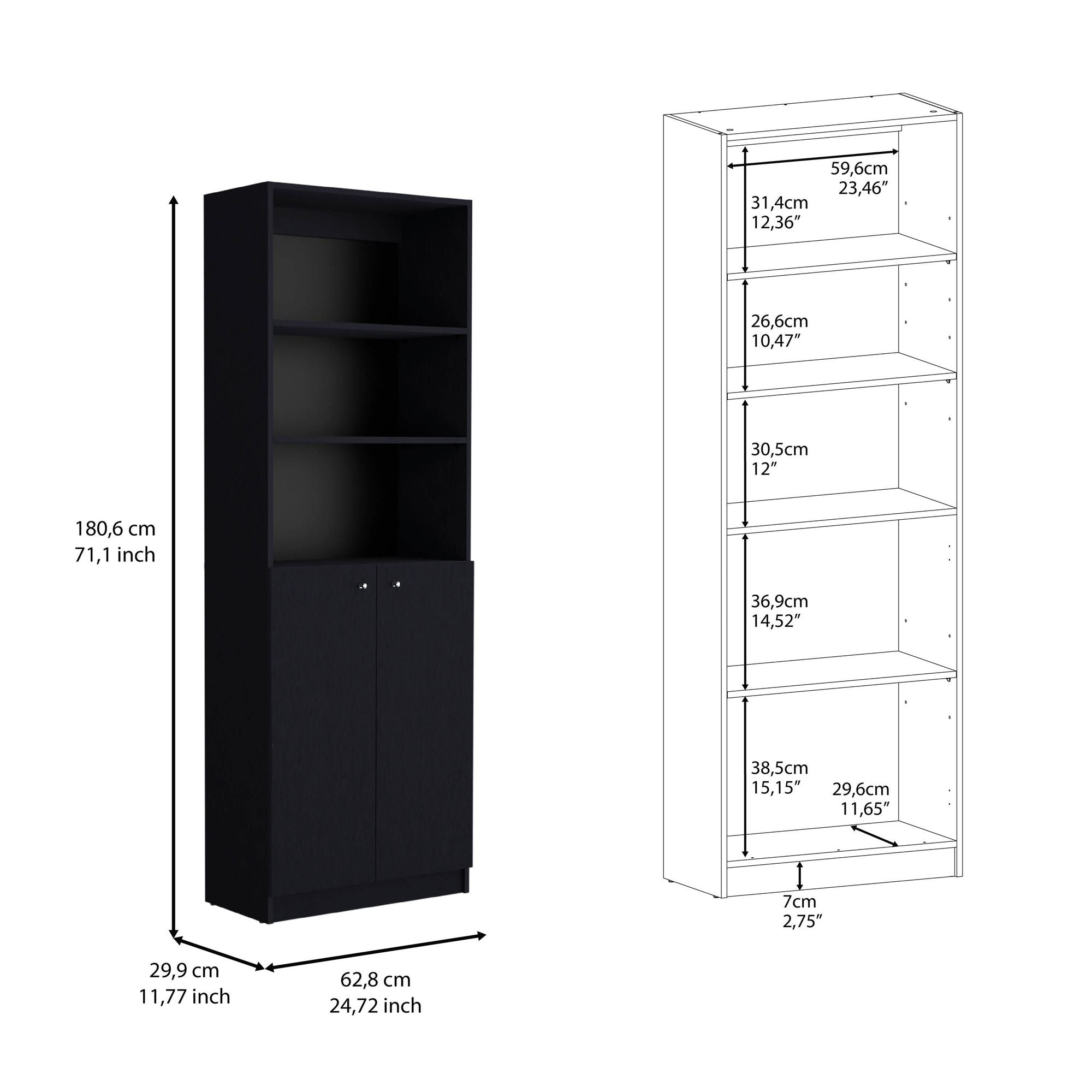 2-Door Bookcase with Open Upper Shelves & Concealed Lower Storage
