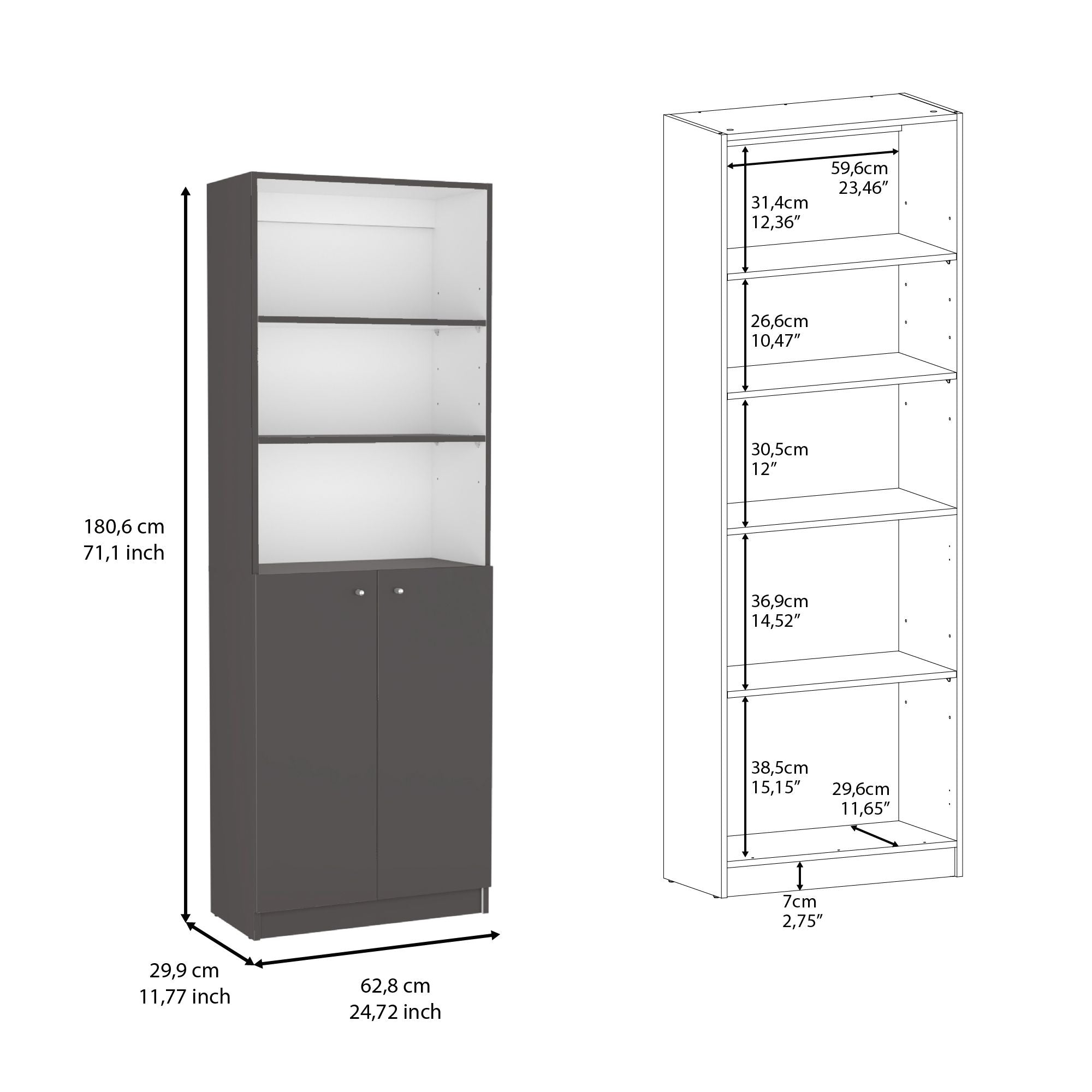2-Door Bookcase with Upper Open Shelves and Enclosed Lower Storage
