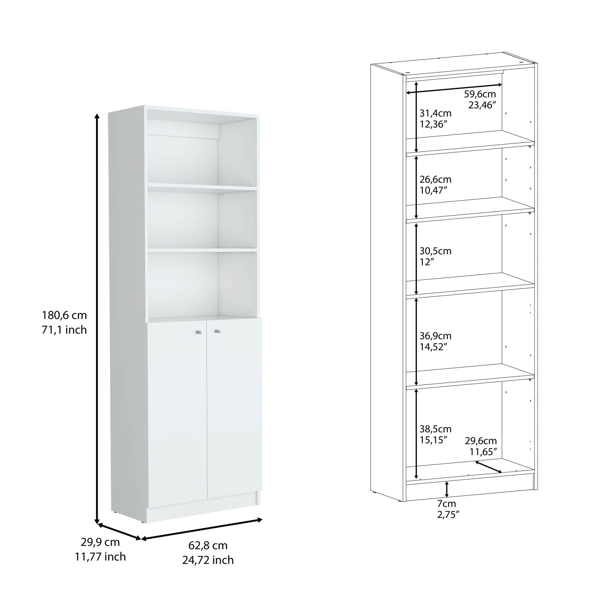 2-Door Bookcase with Open Upper Shelves – White