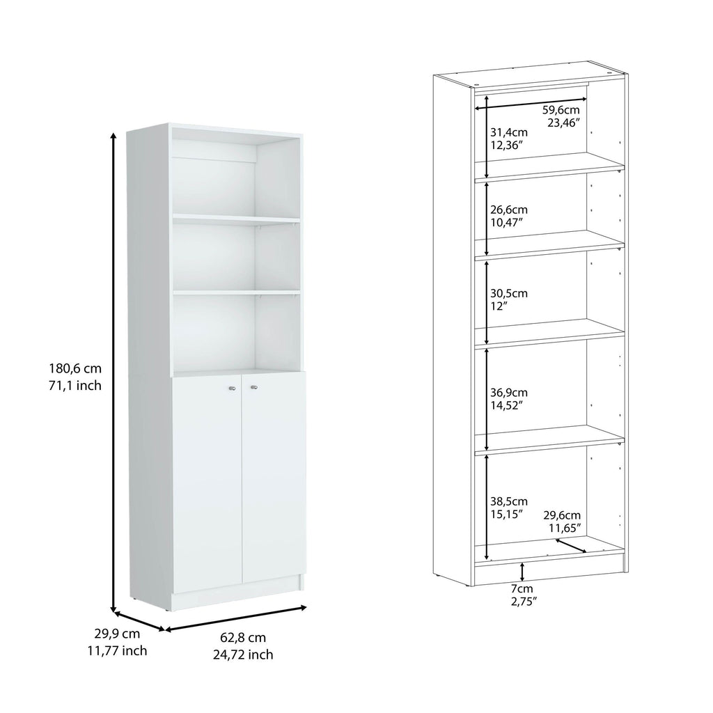 2-Door Bookcase with Open Upper Shelves – White