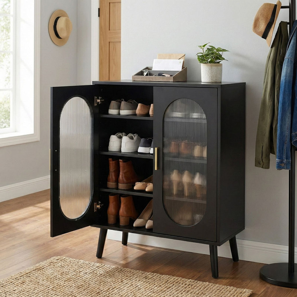 Illuminated 2-Door Shoe Cabinet with Adjustable Shelves and USB LED Light Strip