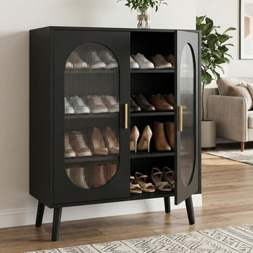 Illuminated 2-Door Shoe Cabinet with Adjustable Shelves and USB LED Light Strip