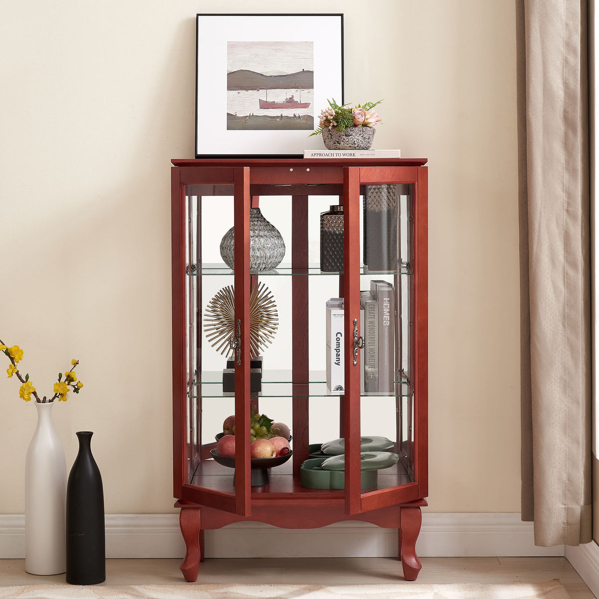 Cherry Curio Cabinet with Lighted Mirrored Display