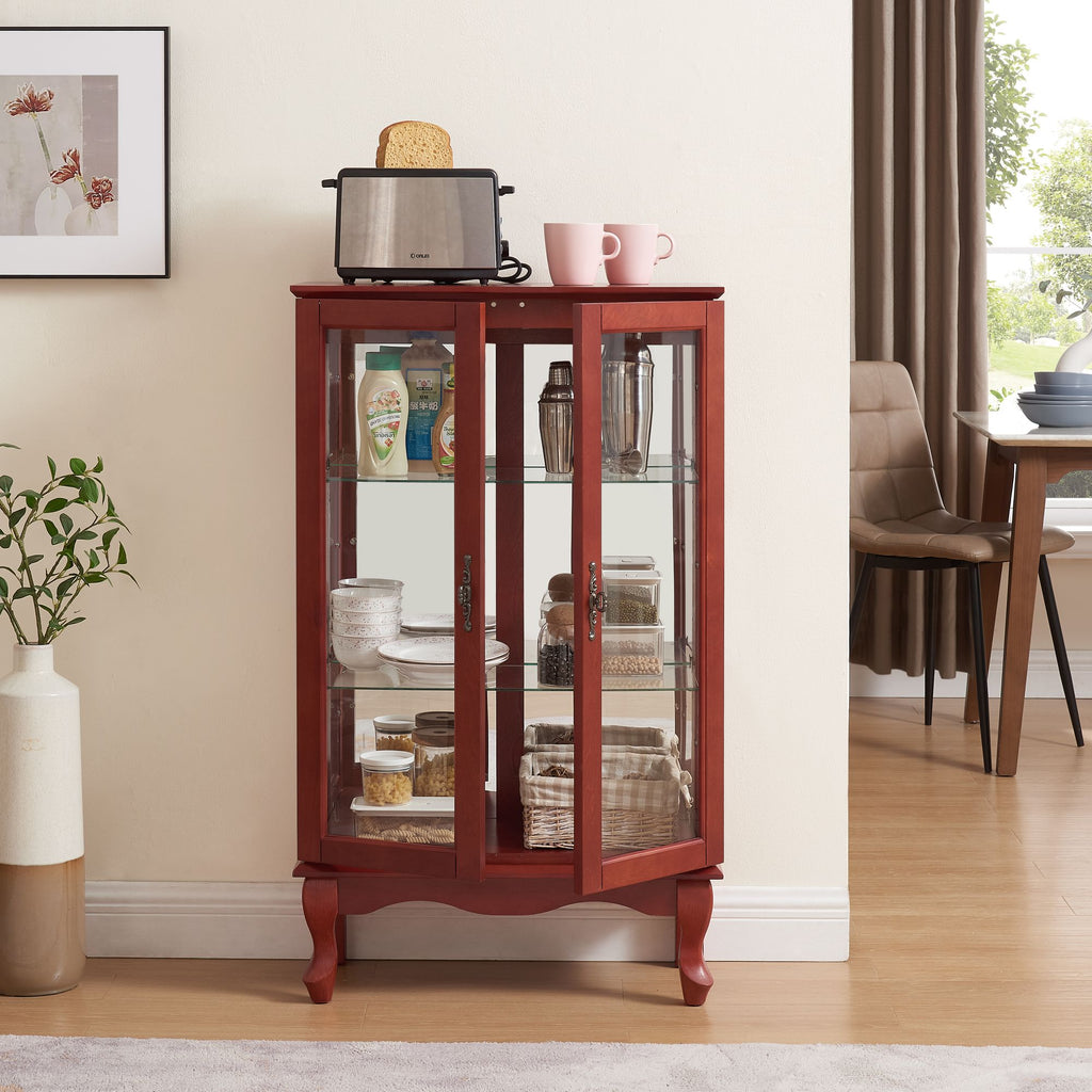 Cherry Curio Cabinet with Lighted Mirrored Display