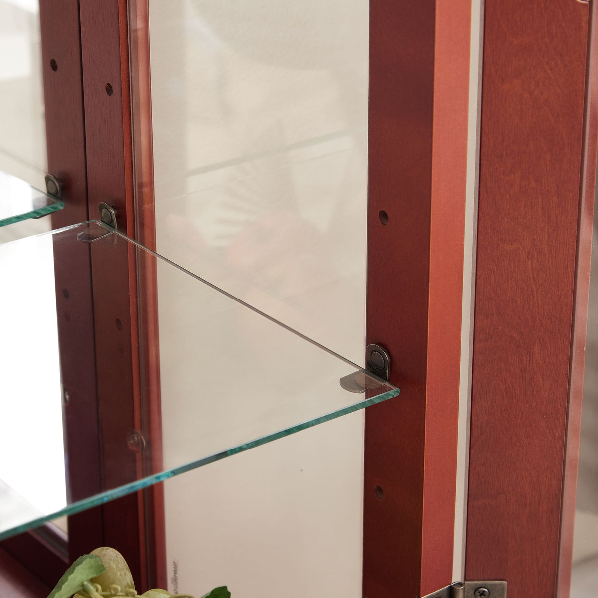 Cherry Curio Cabinet with Lighted Mirrored Display