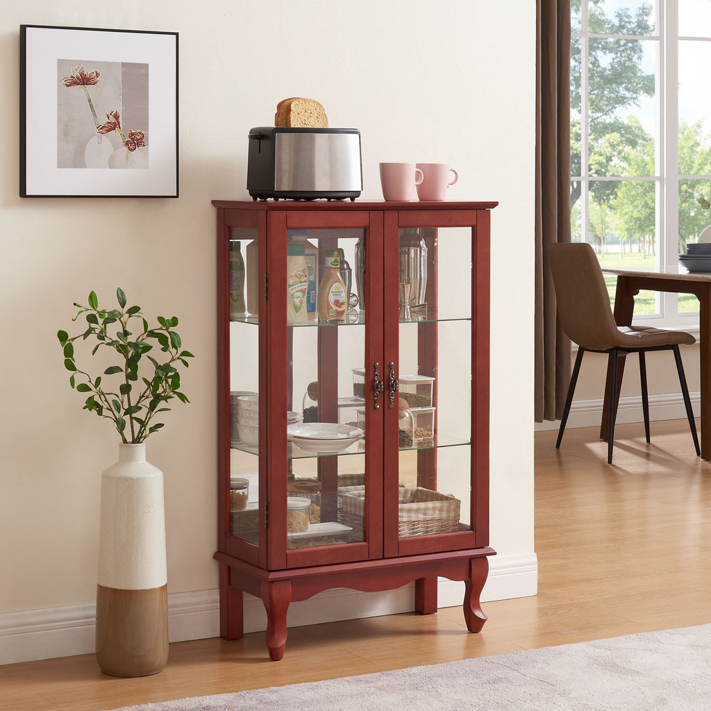 Cherry Curio Cabinet with Lighted Mirrored Display