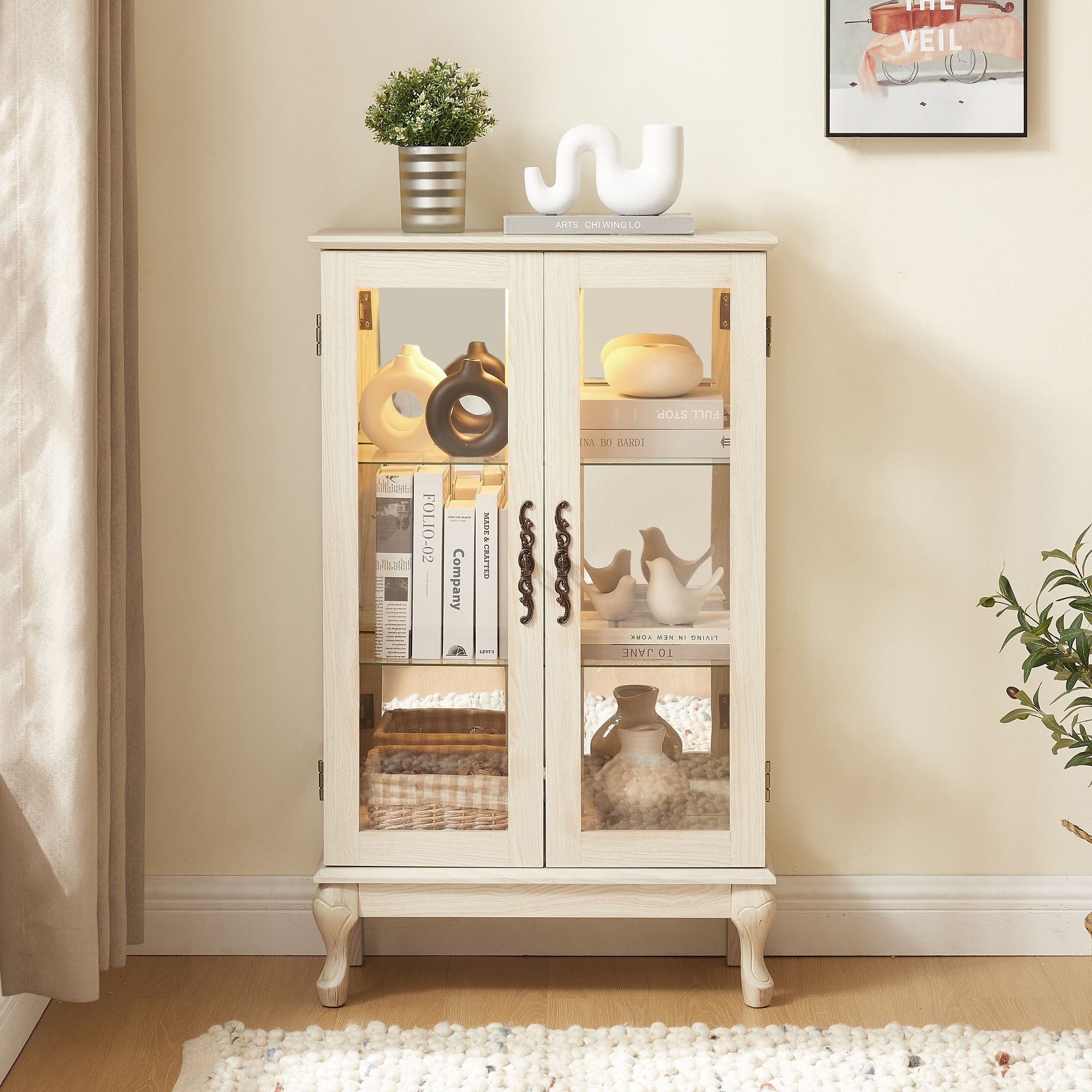 Lighted Two-Door Curio Cabinet with Adjustable Shelves