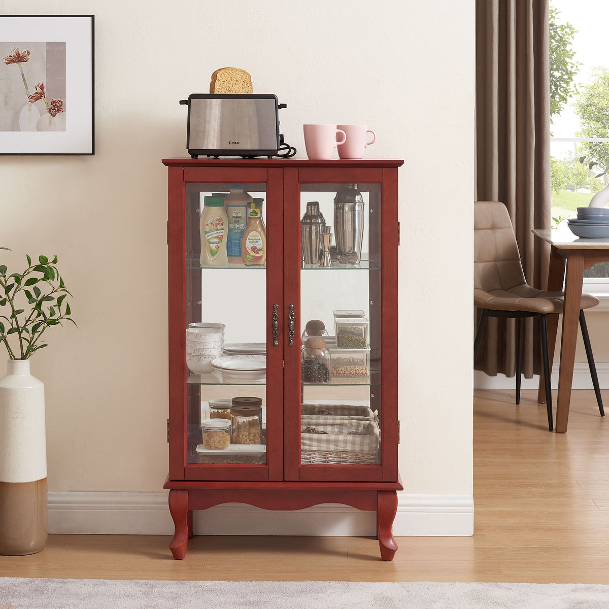 Cherry Curio Cabinet with Lighted Mirrored Display