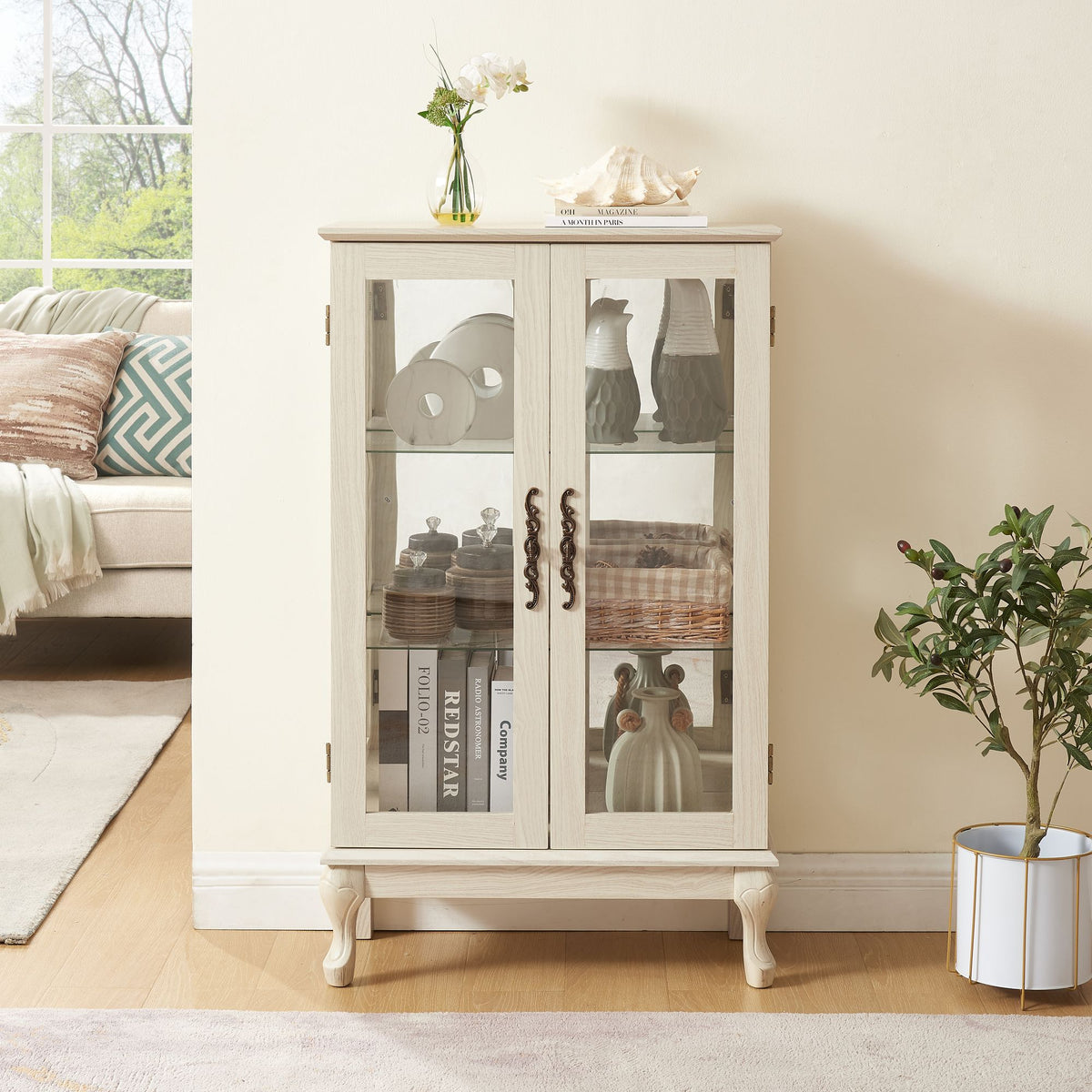 Lighted Two-Door Curio Cabinet with Adjustable Shelves
