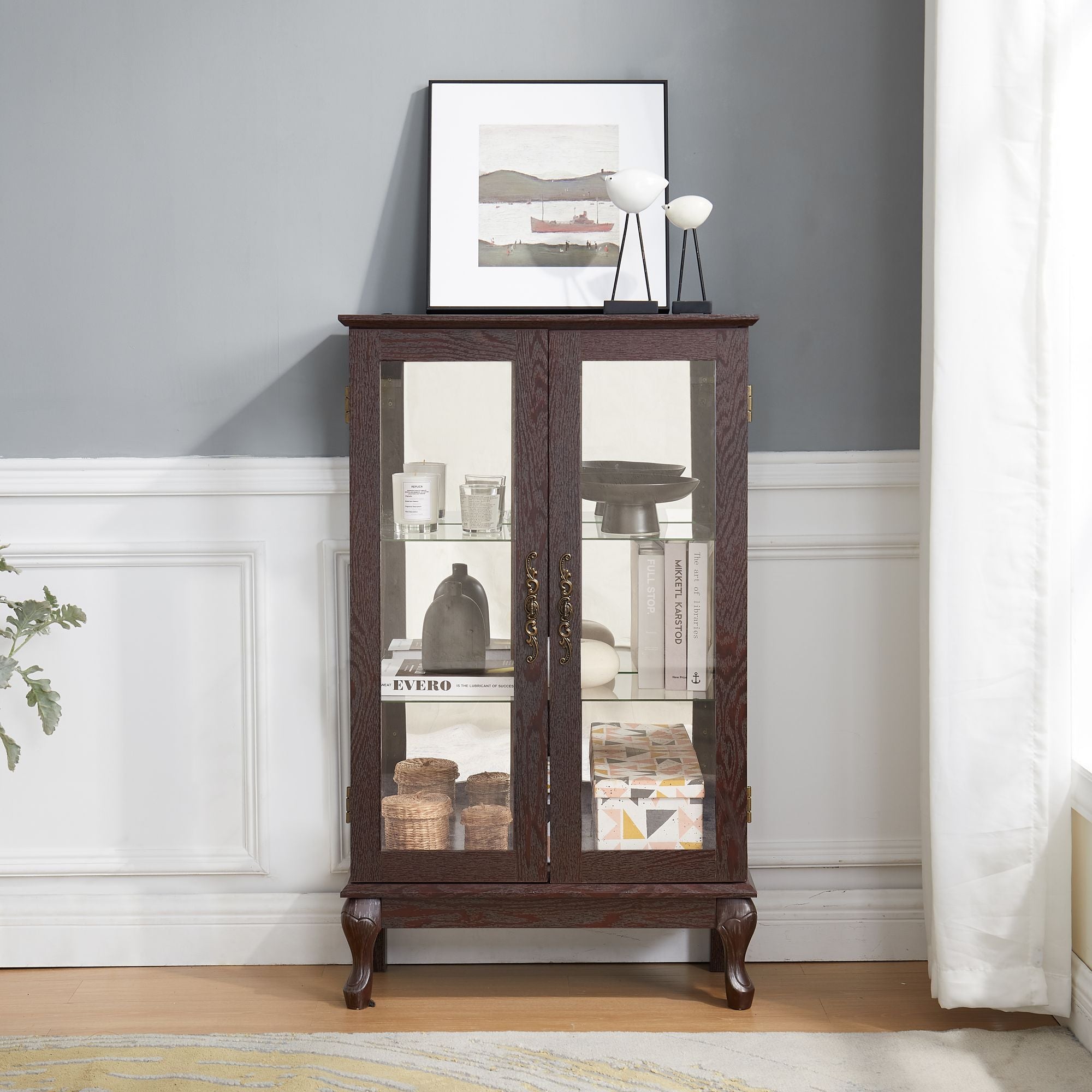 Lighted Two-Door Curio Cabinet with Adjustable Shelves